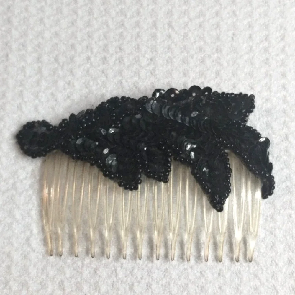Vintage Style Black Beaded Sequin Floral Hair Comb Accessory Formal Evening Wear
